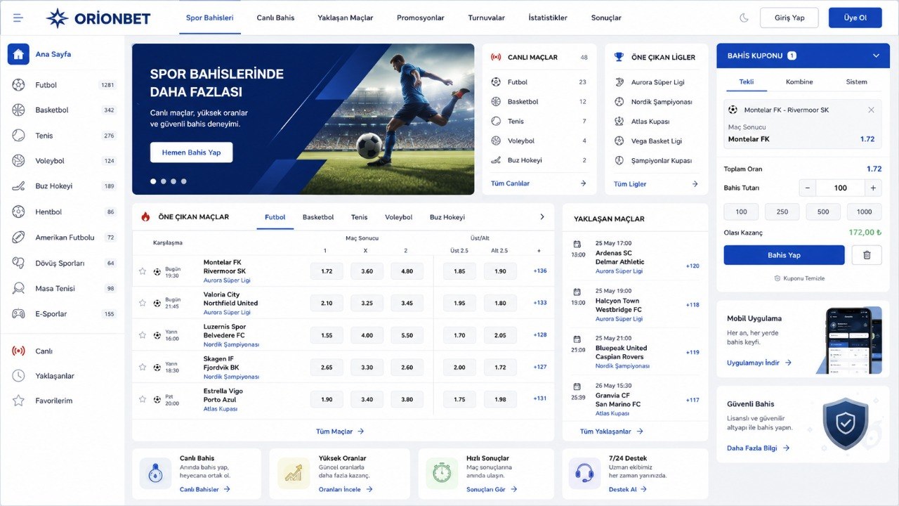 Maç listesinin, bahis oranlarının ve bahis kuponunun yer aldığı bahis platformu ana sayfası