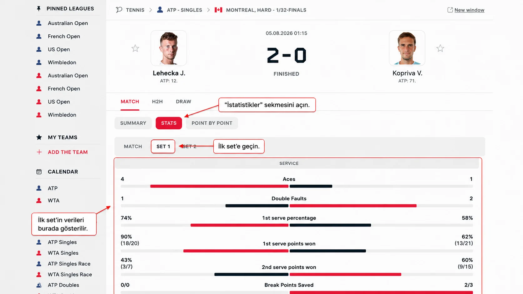 Flashscore’da tenis maçının ilk setine ait as, çift hata ve servis istatistikleri