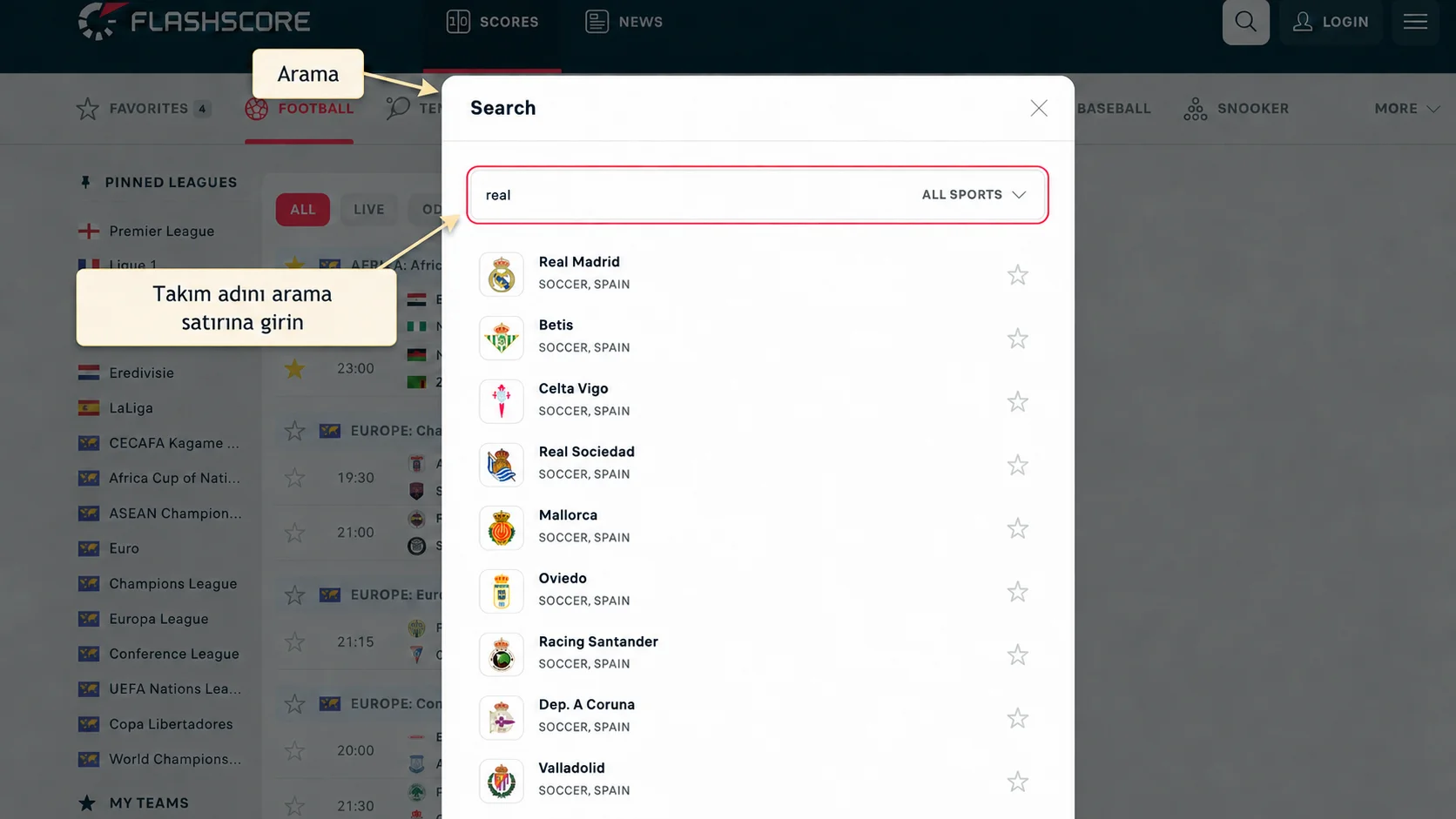 Flashscore’da takım adının arama çubuğu üzerinden aranması