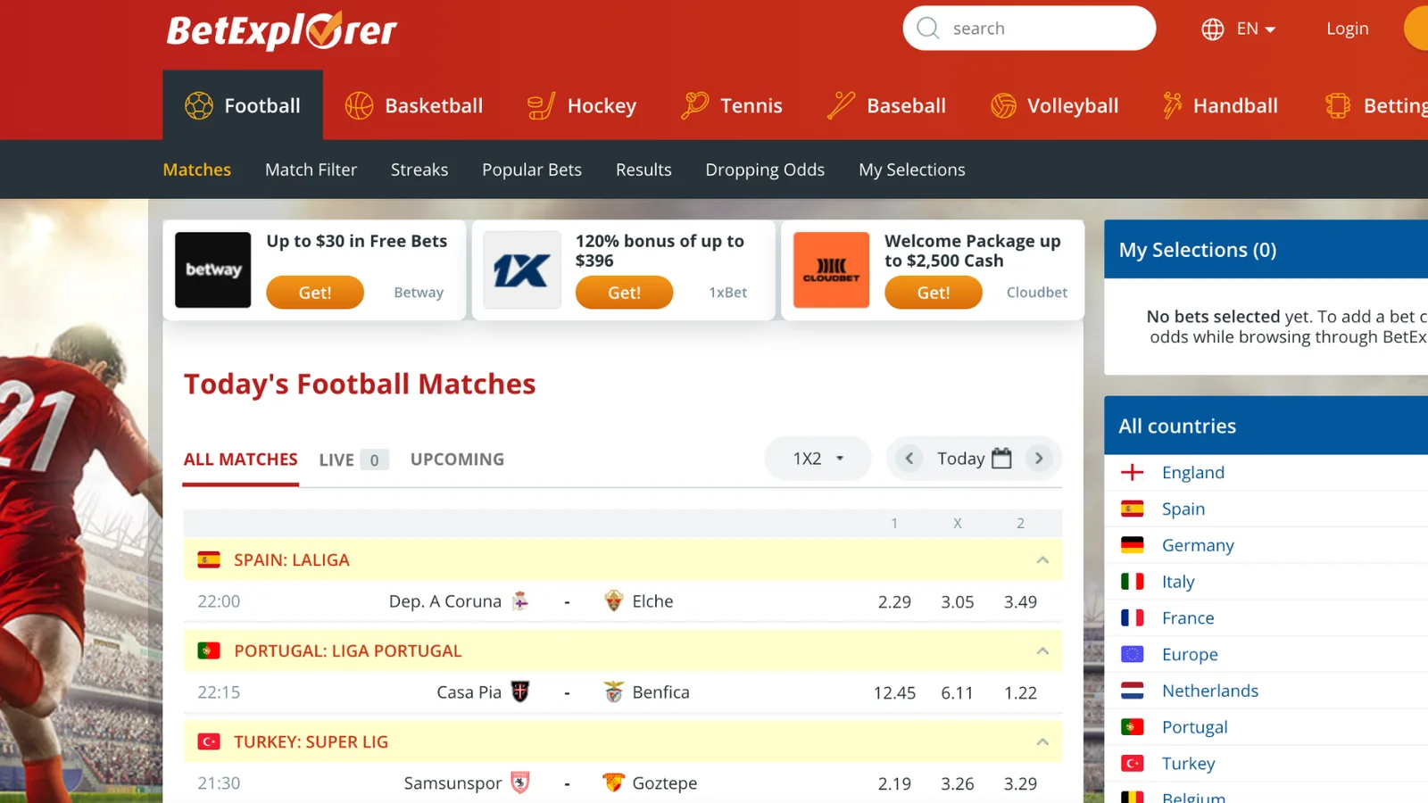 Futbol maçları ve 1X2 oranlarının listelendiği BetExplorer ana sayfası