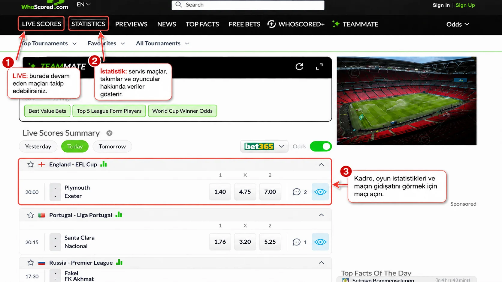 Live Scores ve Statistics bölümleri ile futbol maçları listesinin yer aldığı WhoScored arayüzü