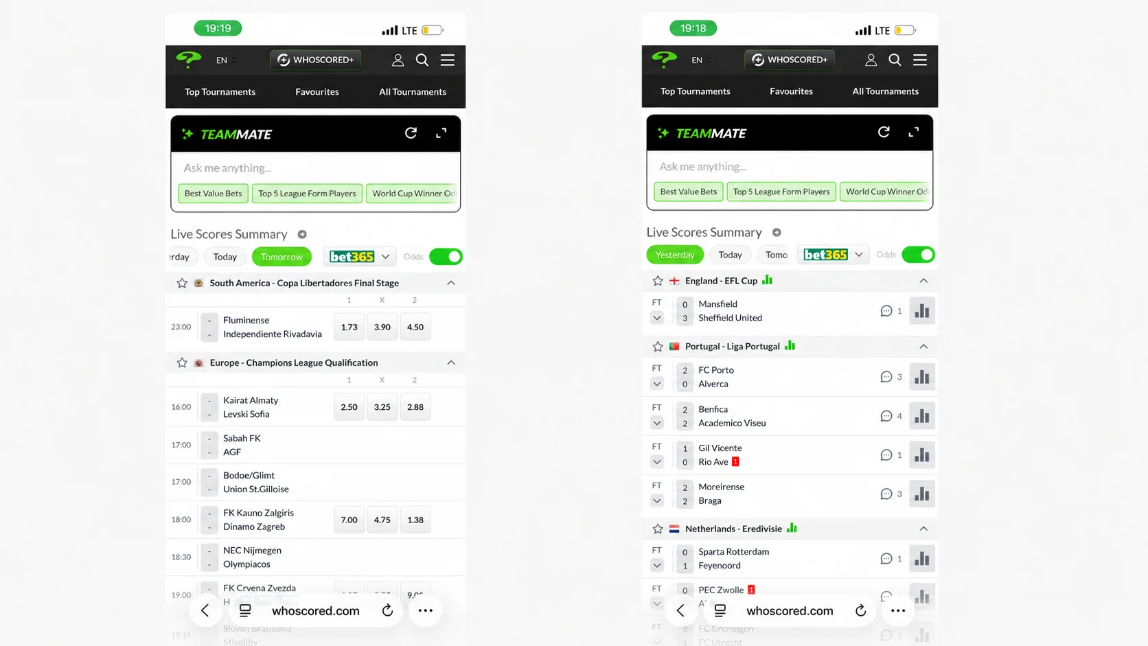 Turnuvalara göre futbol maçları listesini gösteren WhoScored mobil sürümü