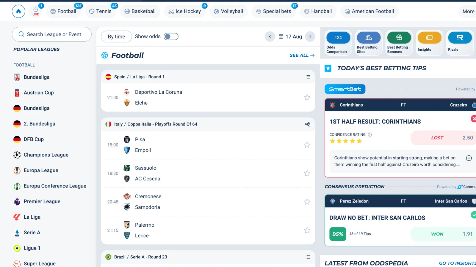Futbol maçları, oranlar ve tahminlerin yer aldığı Oddspedia ana sayfası