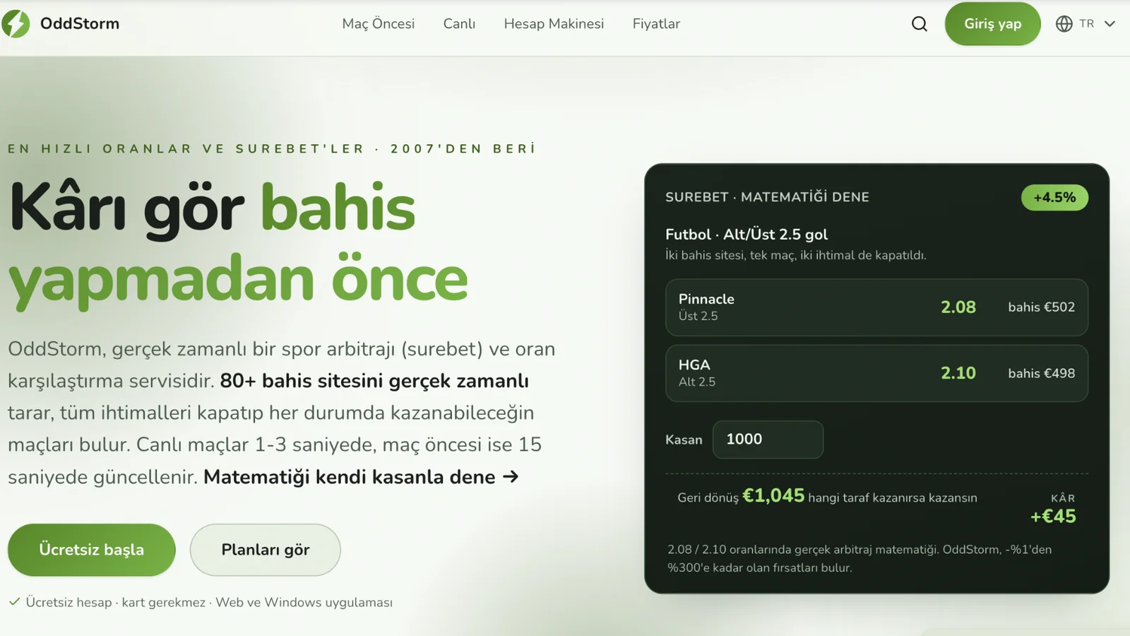 Surebet örneği ve bahis şirketi oranlarının karşılaştırıldığı OddStorm ana sayfası