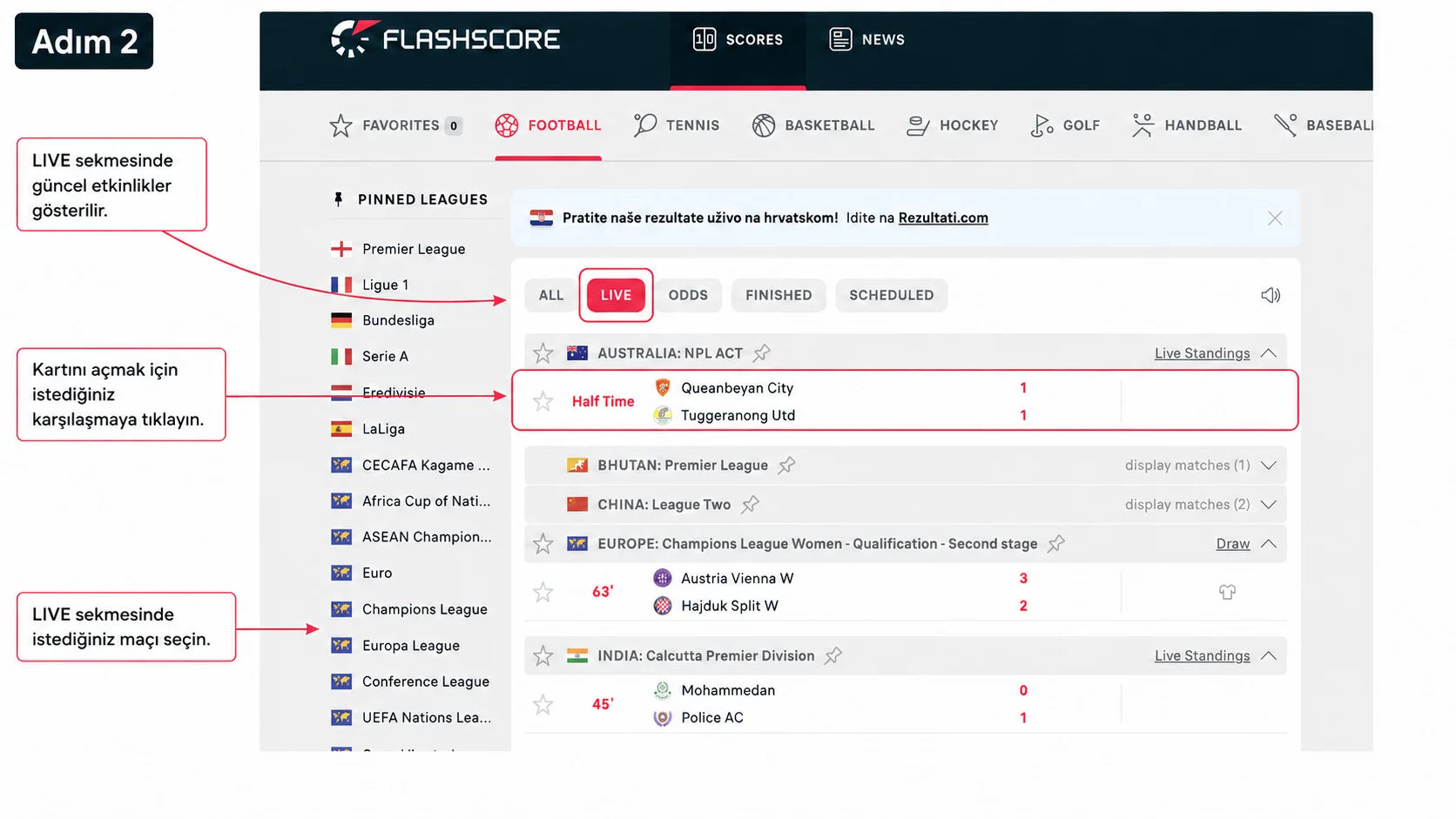 Flashscore’daki LIVE bölümü; devam eden futbol maçları, takımlar ve skorlar