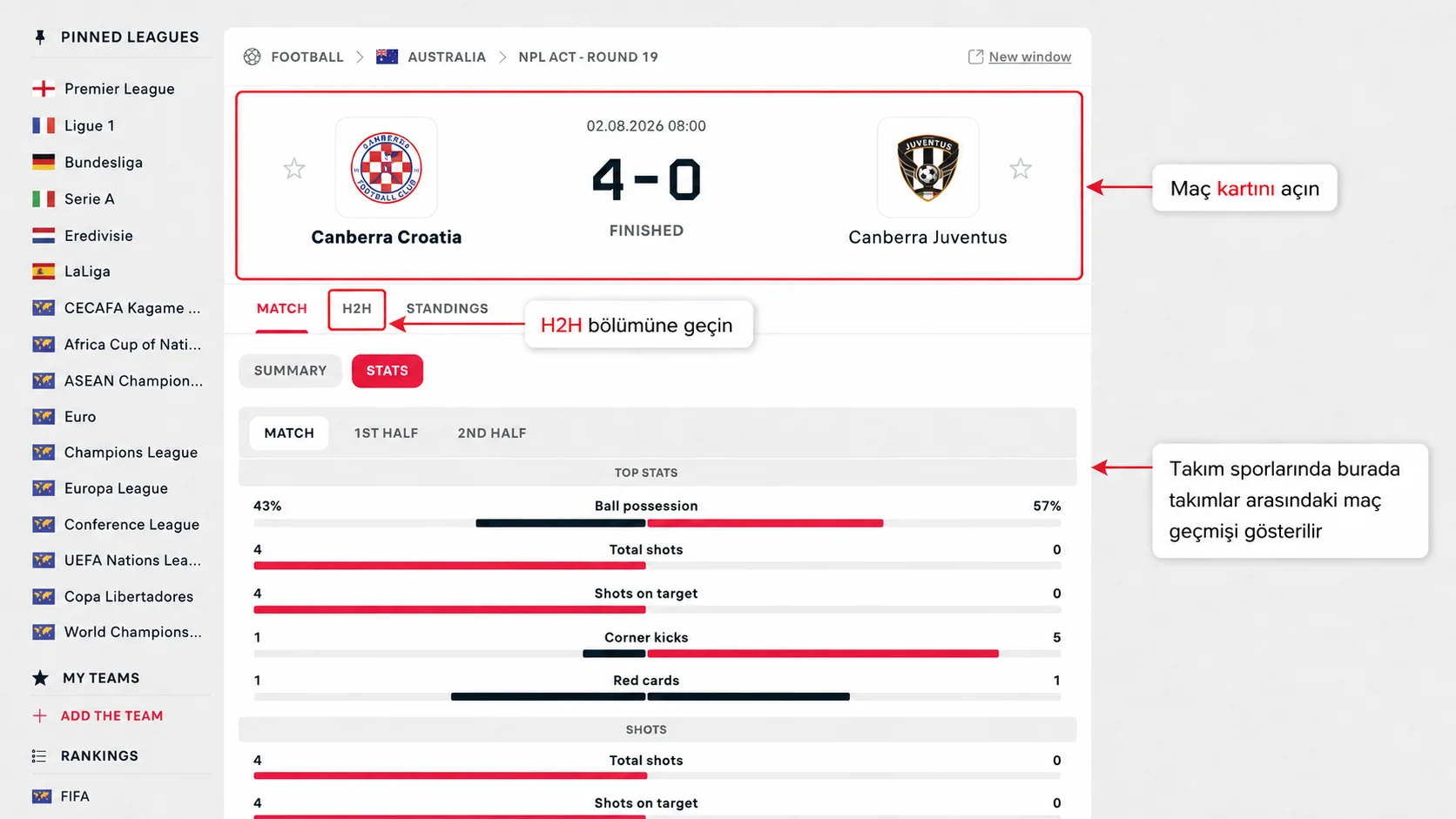 Flashscore’daki H2H bölümü üzerinden futbol takımlarının geçmiş karşılaşmalarına geçiş